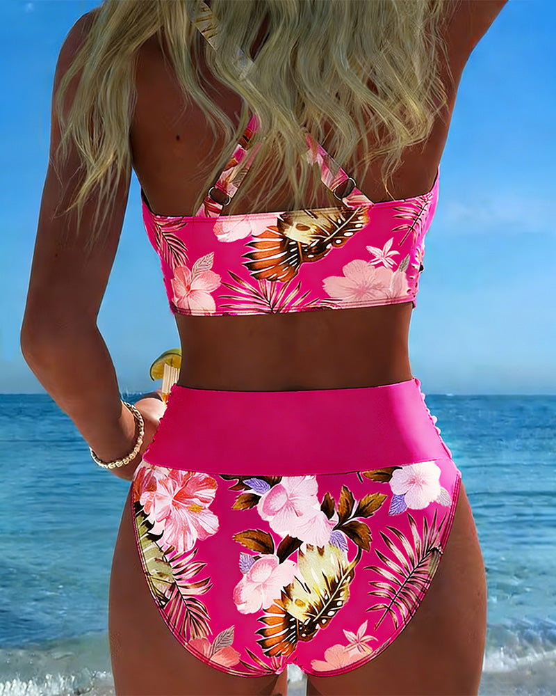 Bikini avec motif floral contrastant et fente