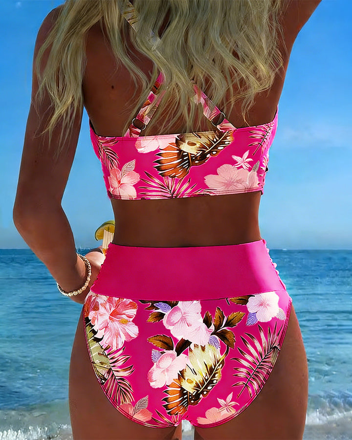 Bikini avec motif floral contrastant et fente