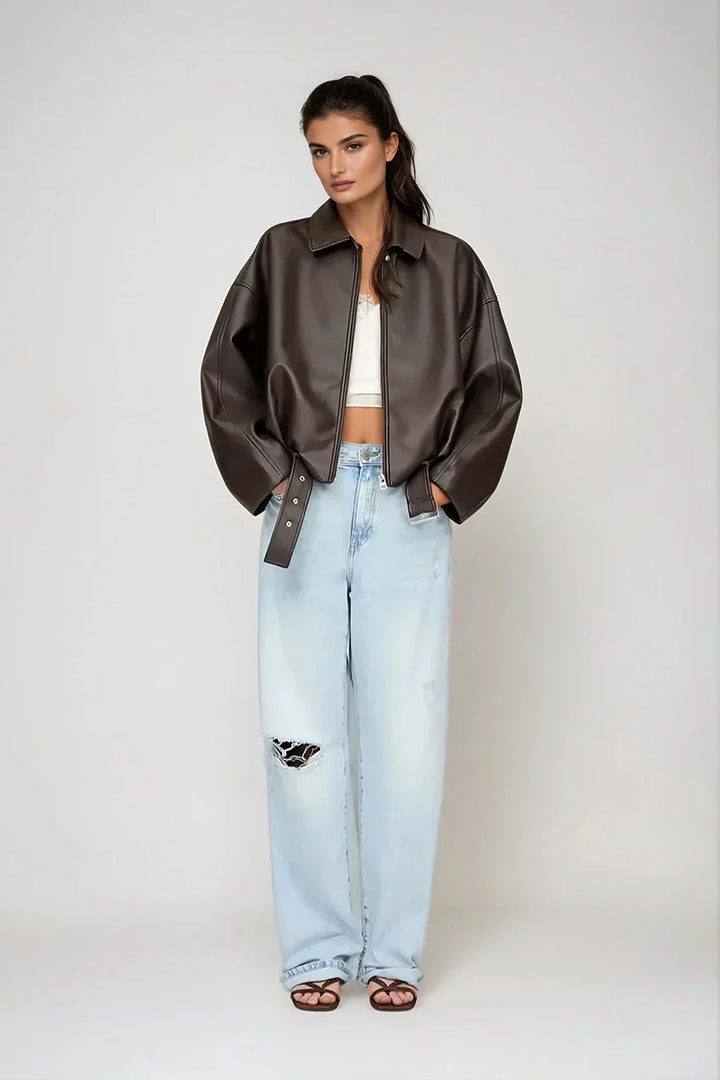 Elara · Veste en cuir marron élégante