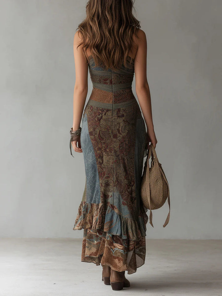Elena ∙ Robe longue asymétrique à épaule unique avec imprimé ethnique et fente haute