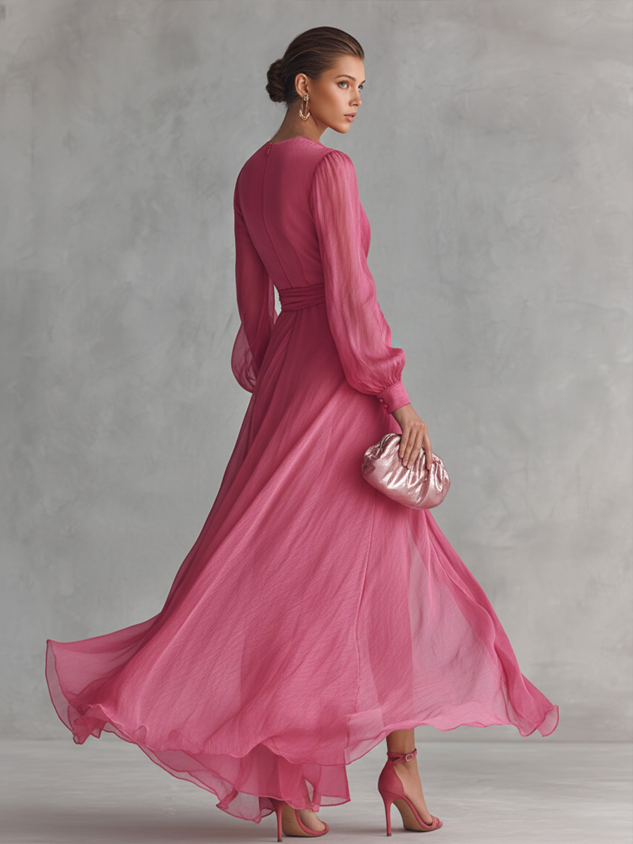 Robe longue élégante en chiffon rose perle avec décolleté en V et ceinture à la taille
