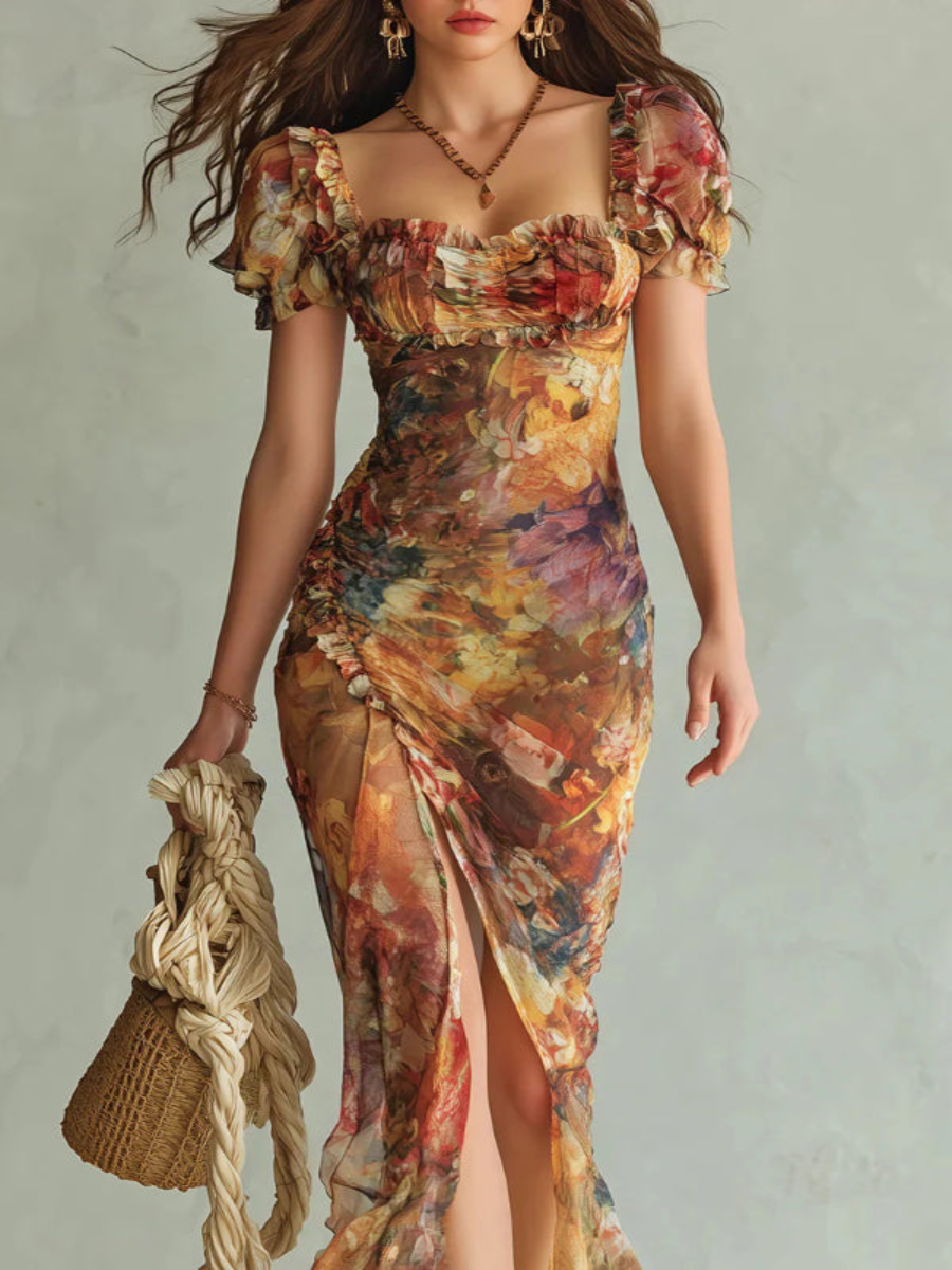 Robe Maxi Élégante avec Décolleté Carré, Manches Courtes et Rayures Florales