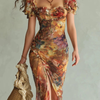 Robe Maxi Élégante avec Décolleté Carré, Manches Courtes et Rayures Florales