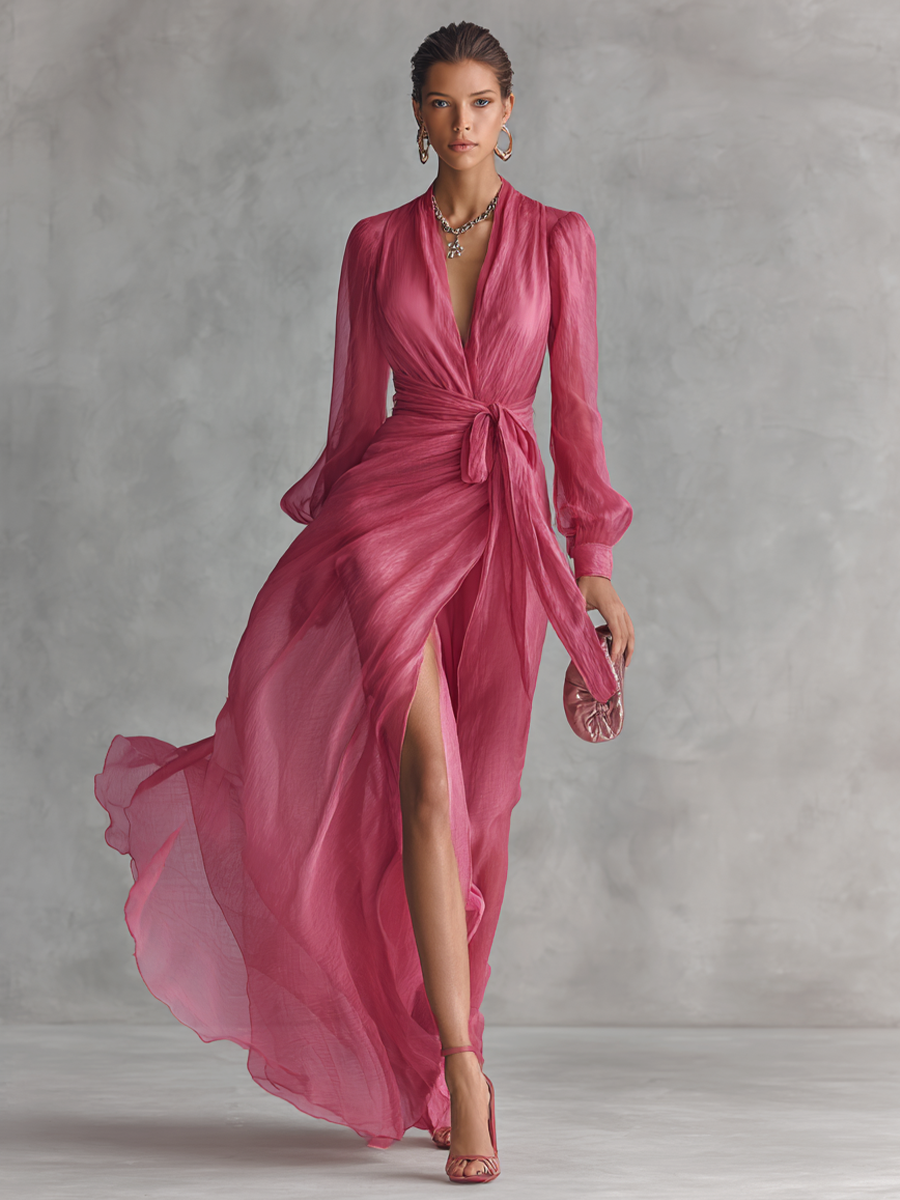 Robe longue élégante en chiffon rose perle avec décolleté en V et ceinture à la taille