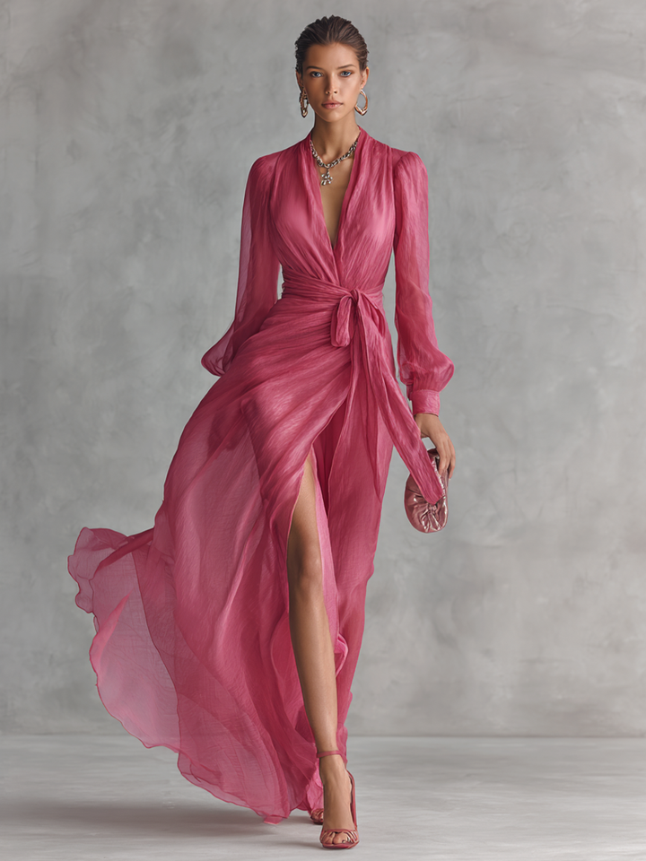 Robe longue élégante en chiffon rose perle avec décolleté en V et ceinture à la taille