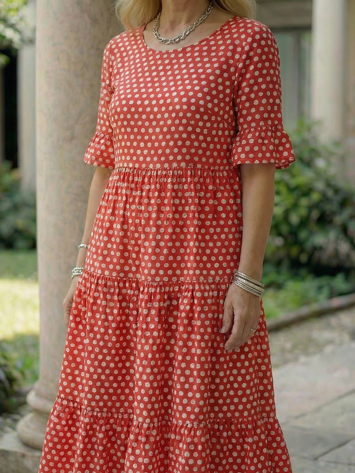 Arlo | Robe Midi à Volants à Pois à Manches Courtes