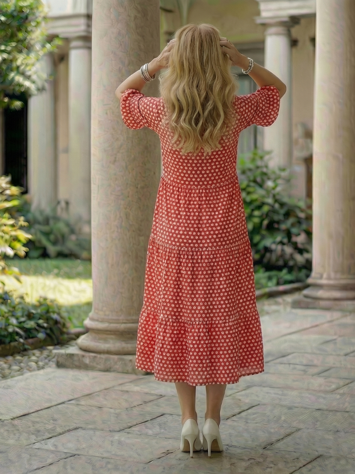 Arlo | Robe Midi à Volants à Pois à Manches Courtes