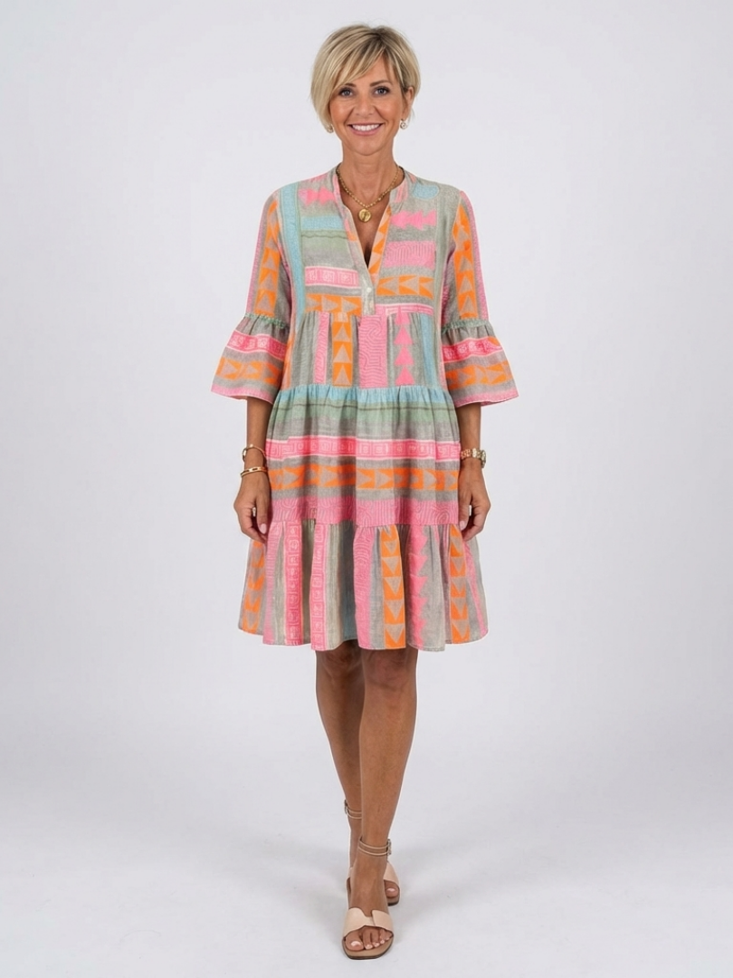 Maelle | Robe à Imprimé Géométrique à Col V, Longueur Genou