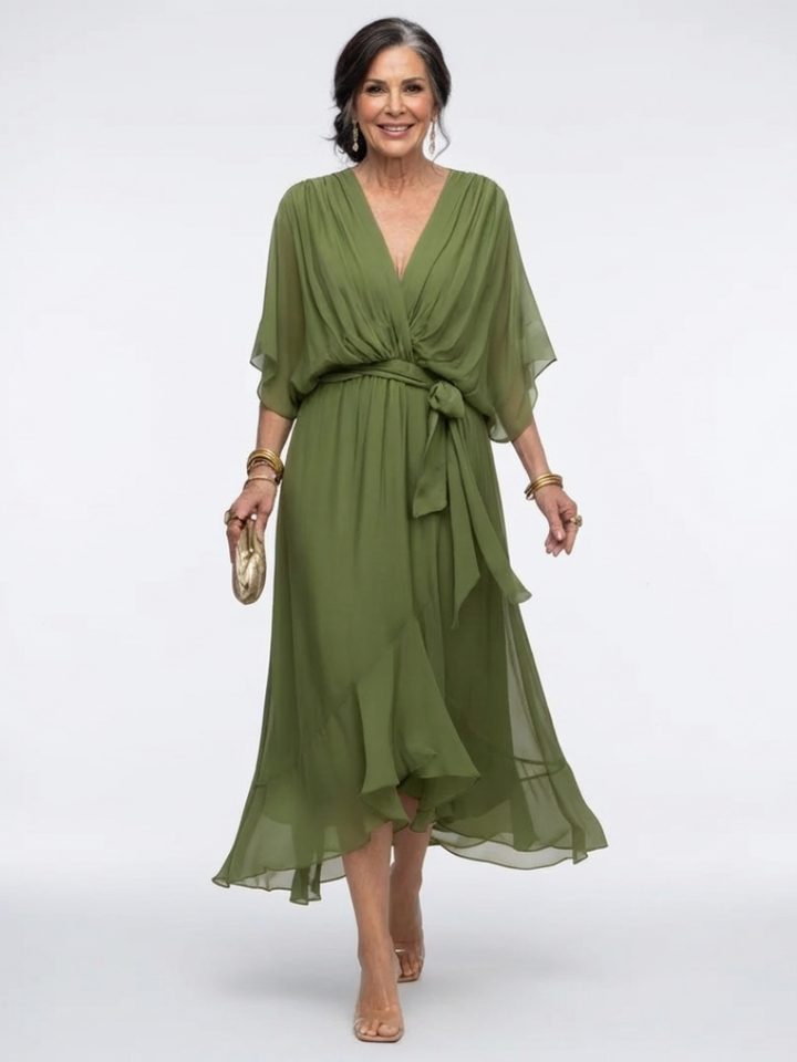 Elysia | Robe Midi Drapée à Taille Liée en V