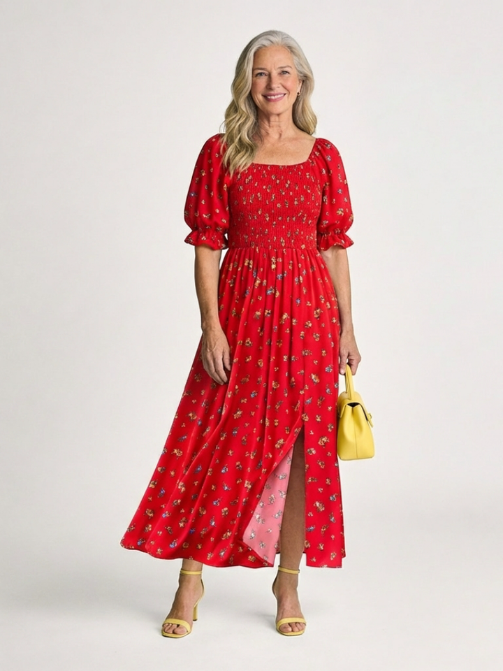 Delphine | Robe Midi à Encolure Carrée avec Manches Bouffantes Florales
