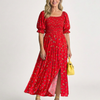 Delphine | Robe Midi à Encolure Carrée avec Manches Bouffantes Florales