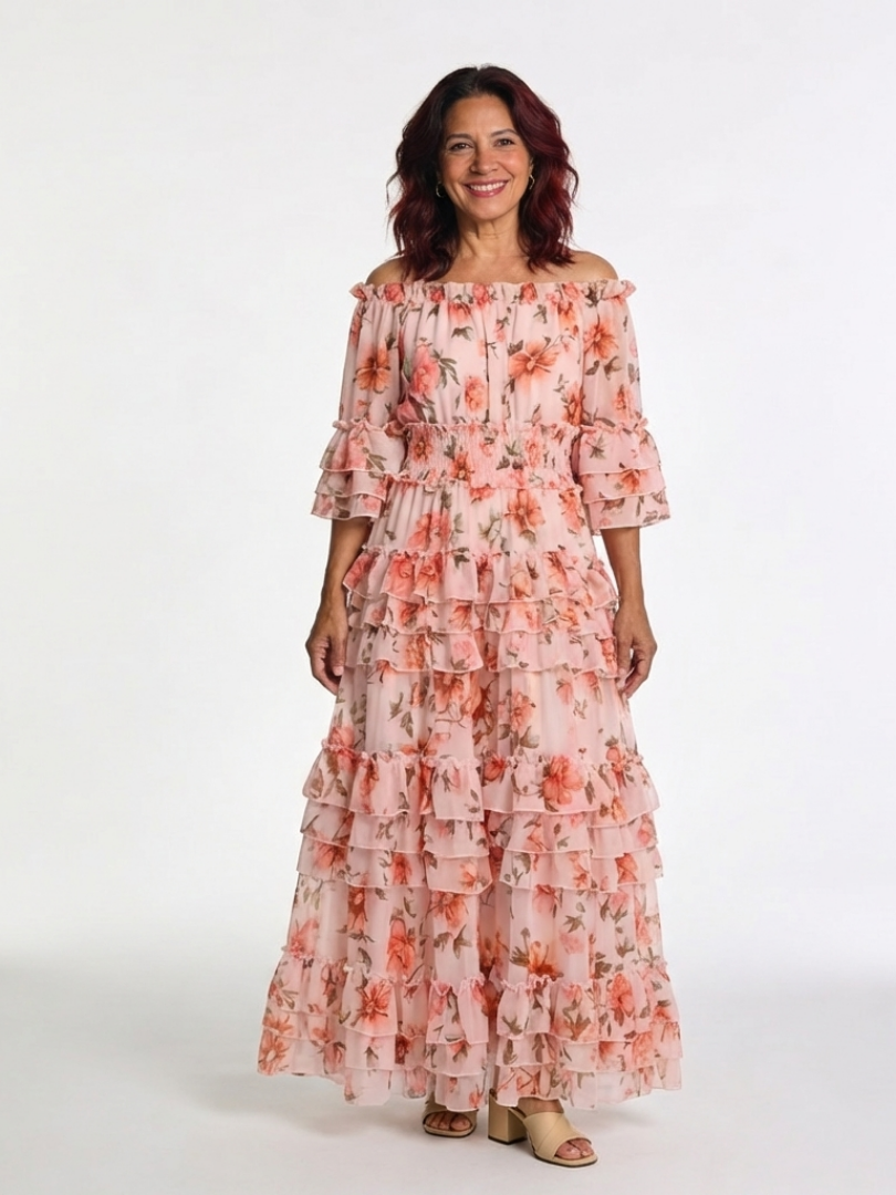 Rosalie | Robe Maxi à Volants Fleurie à Épaules Dégagées