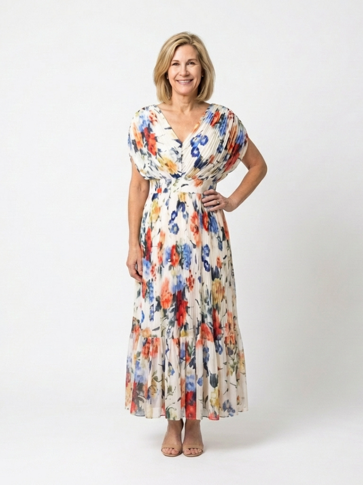 Savannah | Robe Midi Fleurie Plissée à Manches Courtes