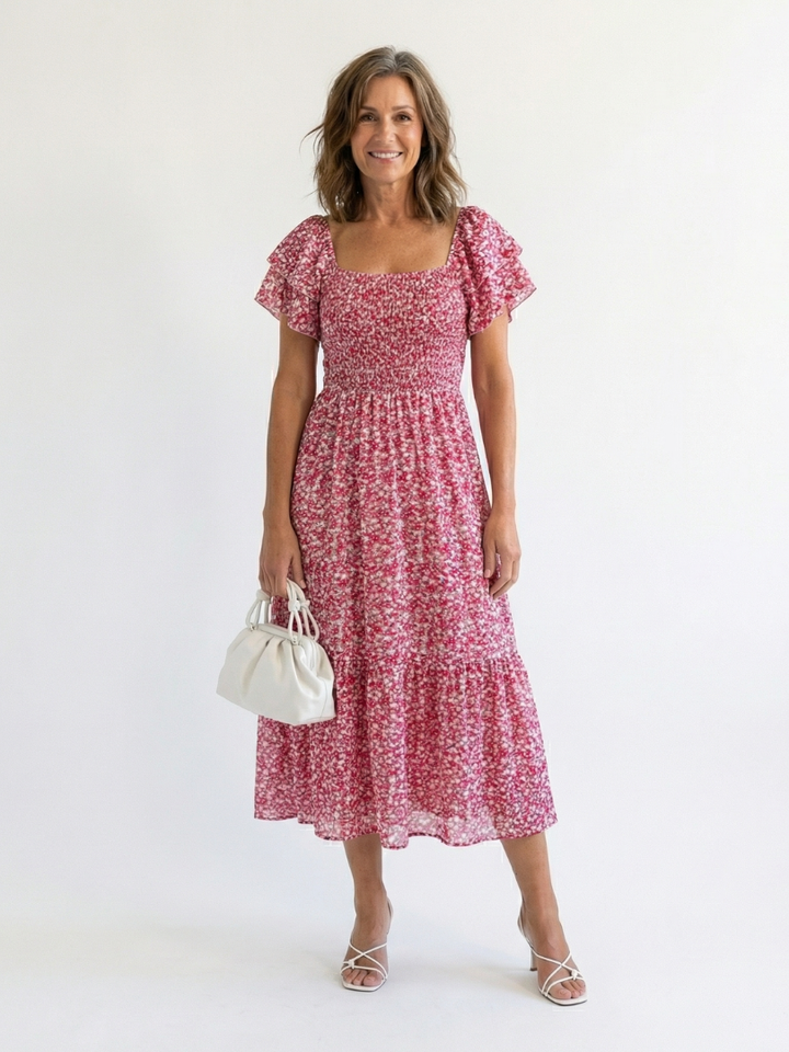 Odette | Robe Midi Smockée à Fleurs à Épaules Dégagées