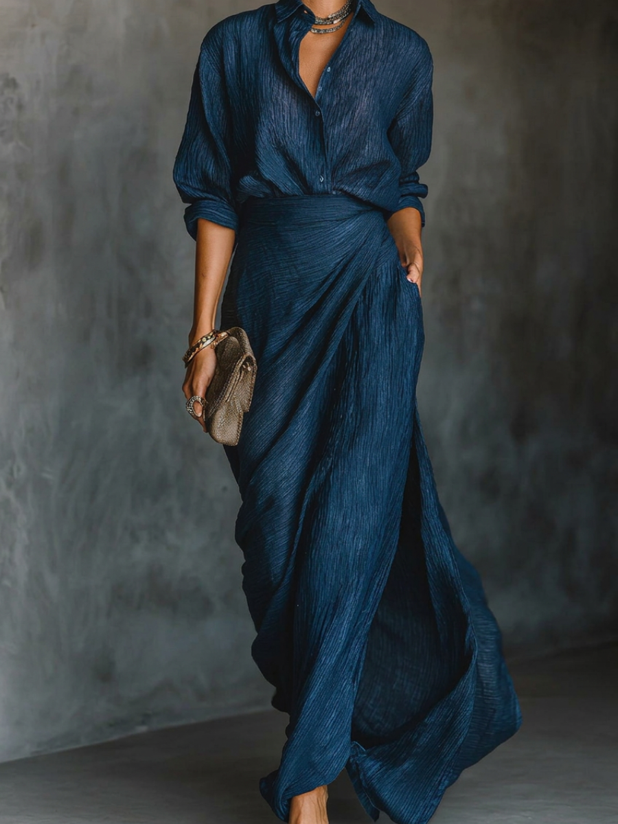 Ensemble de Chemise Longue à Manches Longues avec Col et Jupe Maxi Plissée Élégante en Couleur Unie
