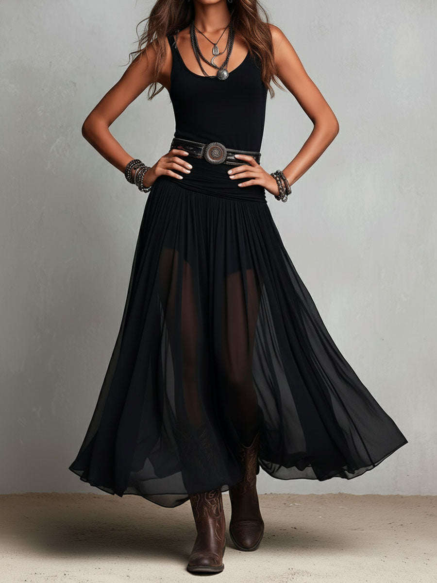 Robe Maxi Stretchy Noire Boho Western avec Jupe Transparente