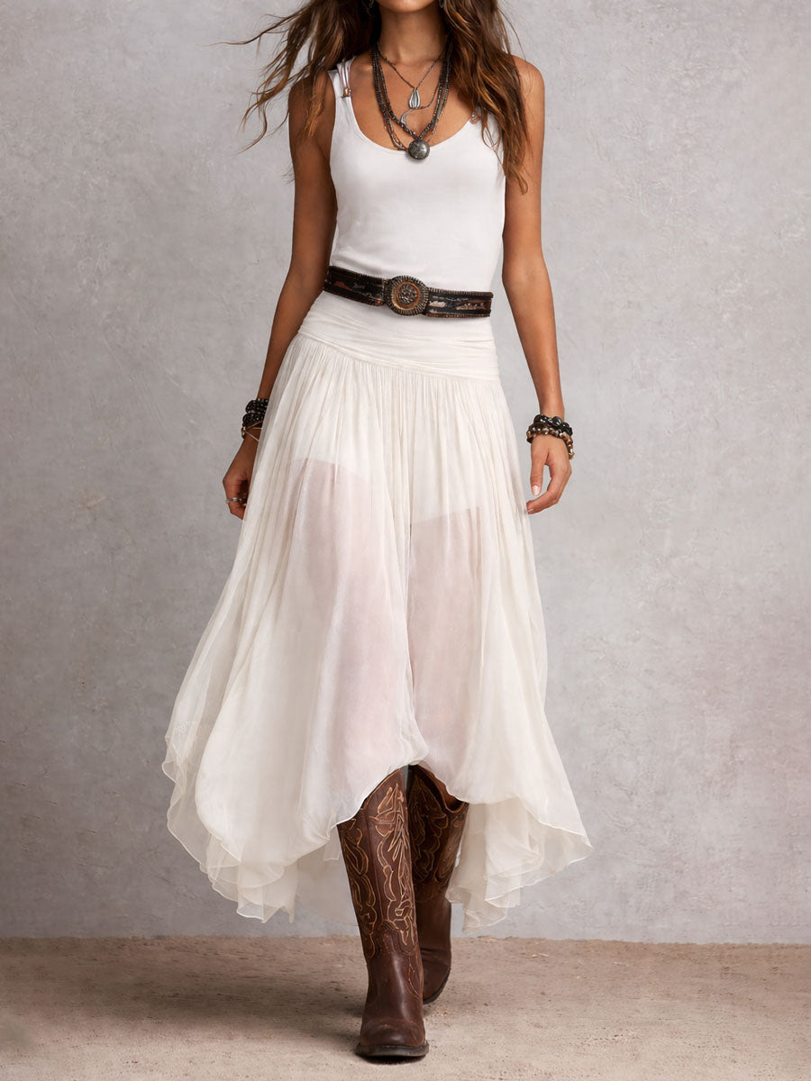 Robe Maxi Stretchy Noire Boho Western avec Jupe Transparente