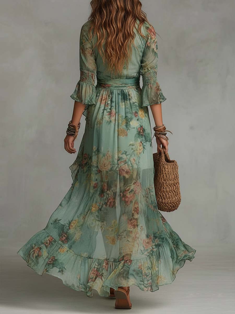 Aurora - robe longue florale boho avec ourlet asymétrique romantique