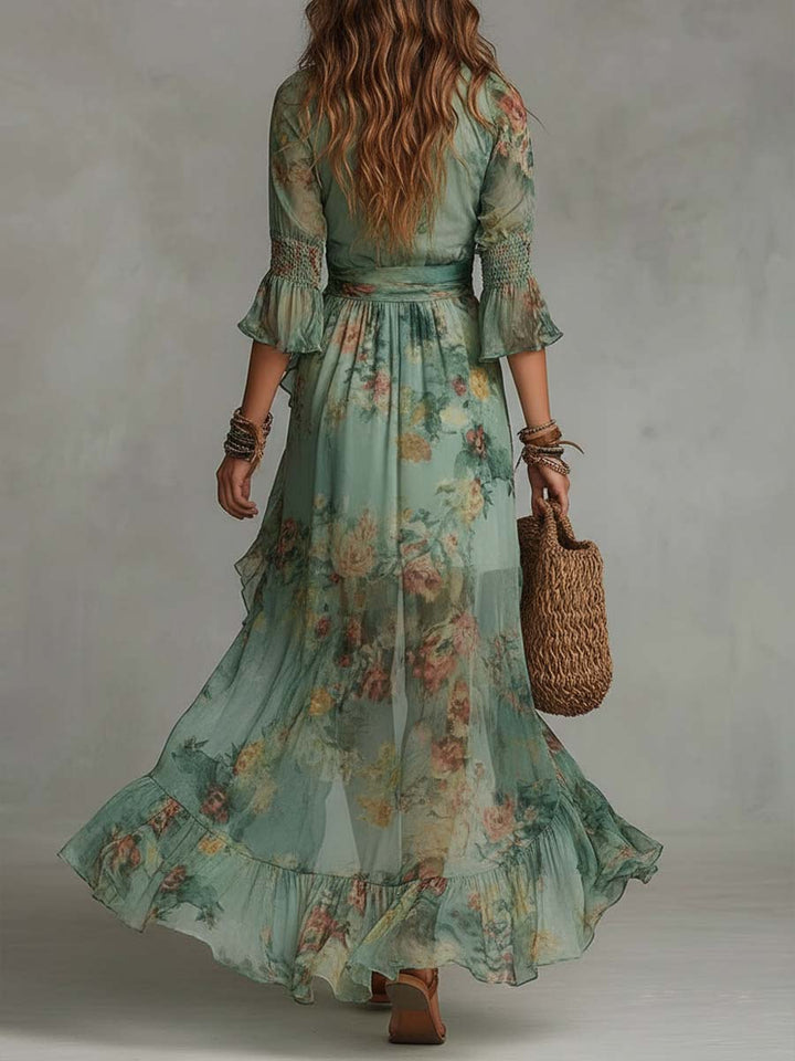 Aurora - robe longue florale boho avec ourlet asymétrique romantique