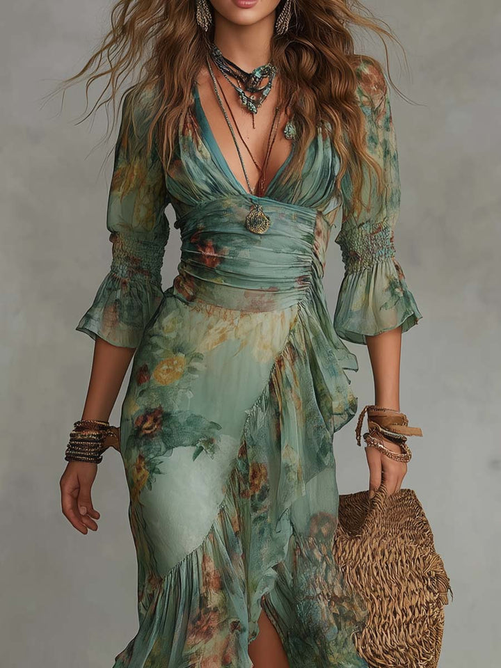 Aurora - robe longue florale boho avec ourlet asymétrique romantique