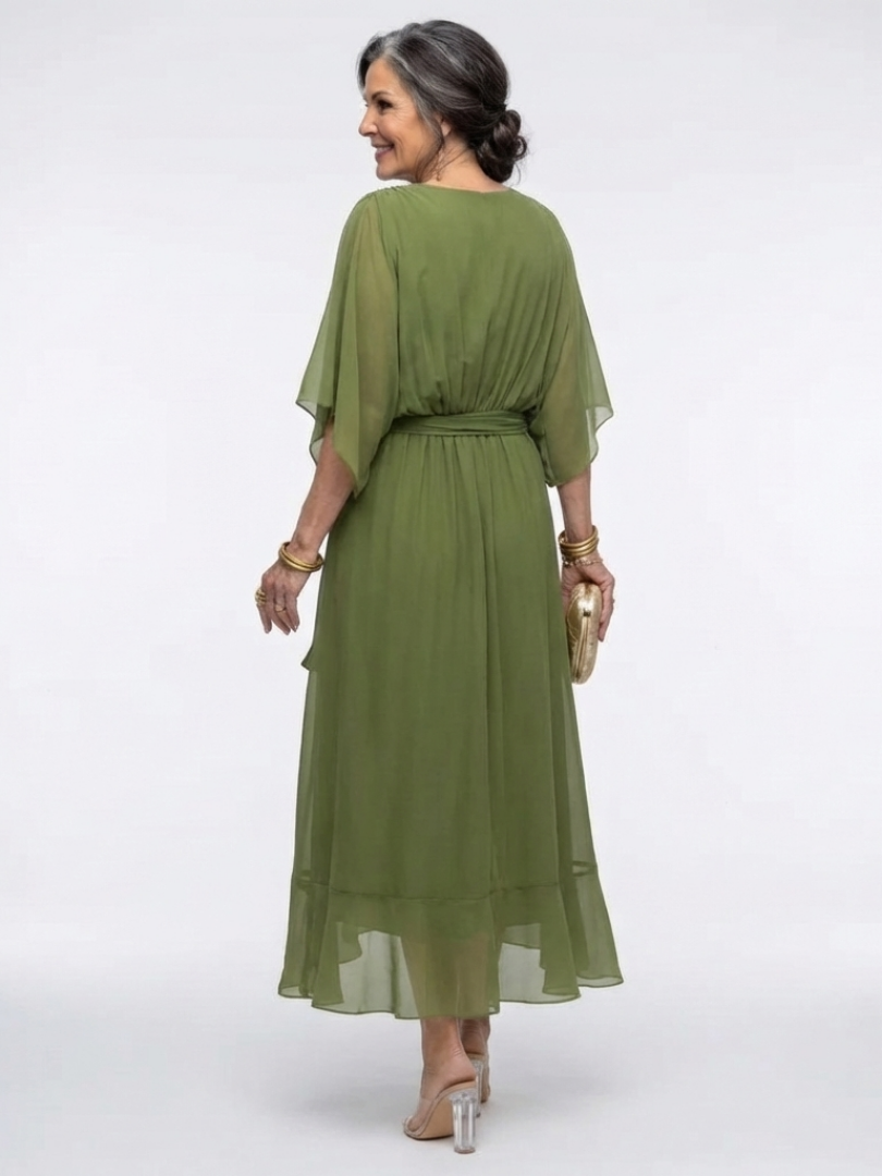 Elysia | Robe Midi Drapée à Taille Liée en V