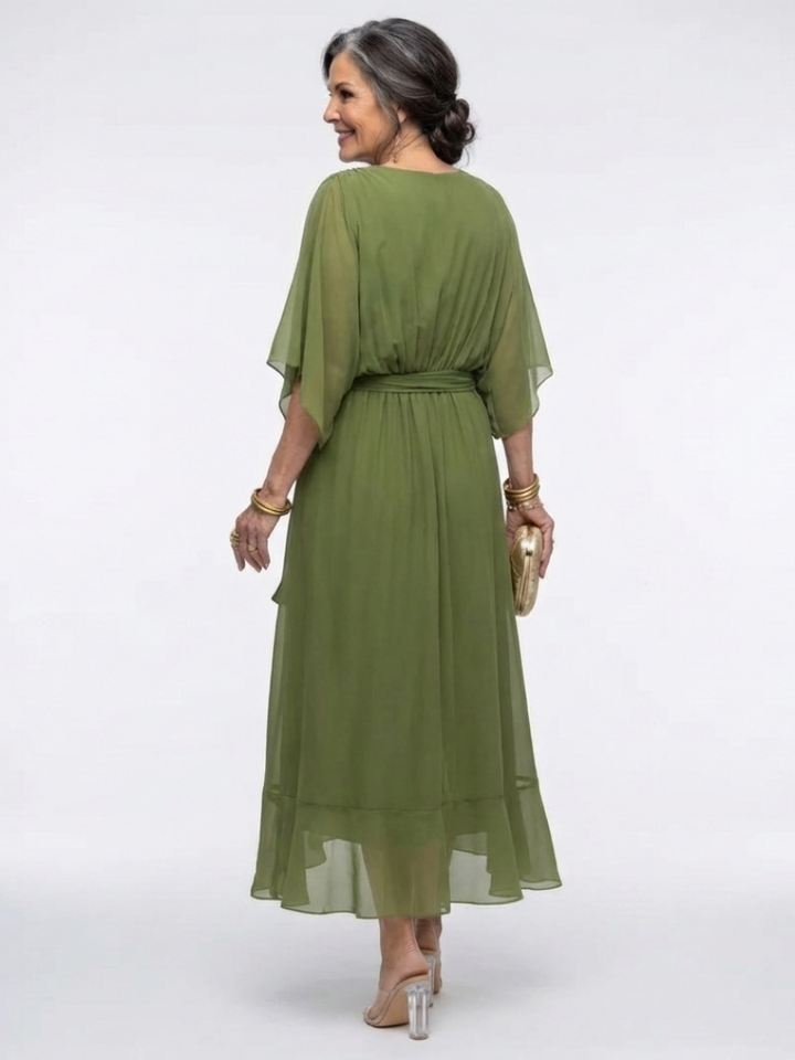 Elysia | Robe Midi Drapée à Taille Liée en V