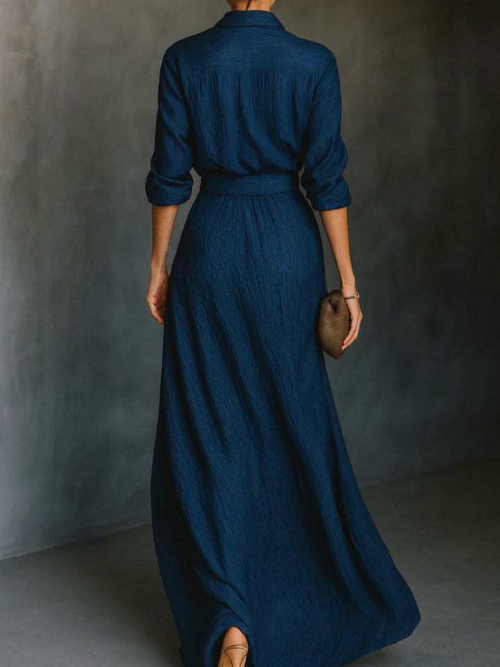 Ensemble de Chemise Longue à Manches Longues avec Col et Jupe Maxi Plissée Élégante en Couleur Unie