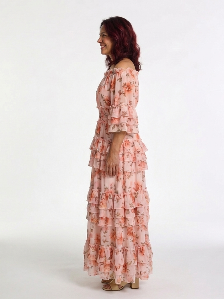 Rosalie | Robe Maxi à Volants Fleurie à Épaules Dégagées