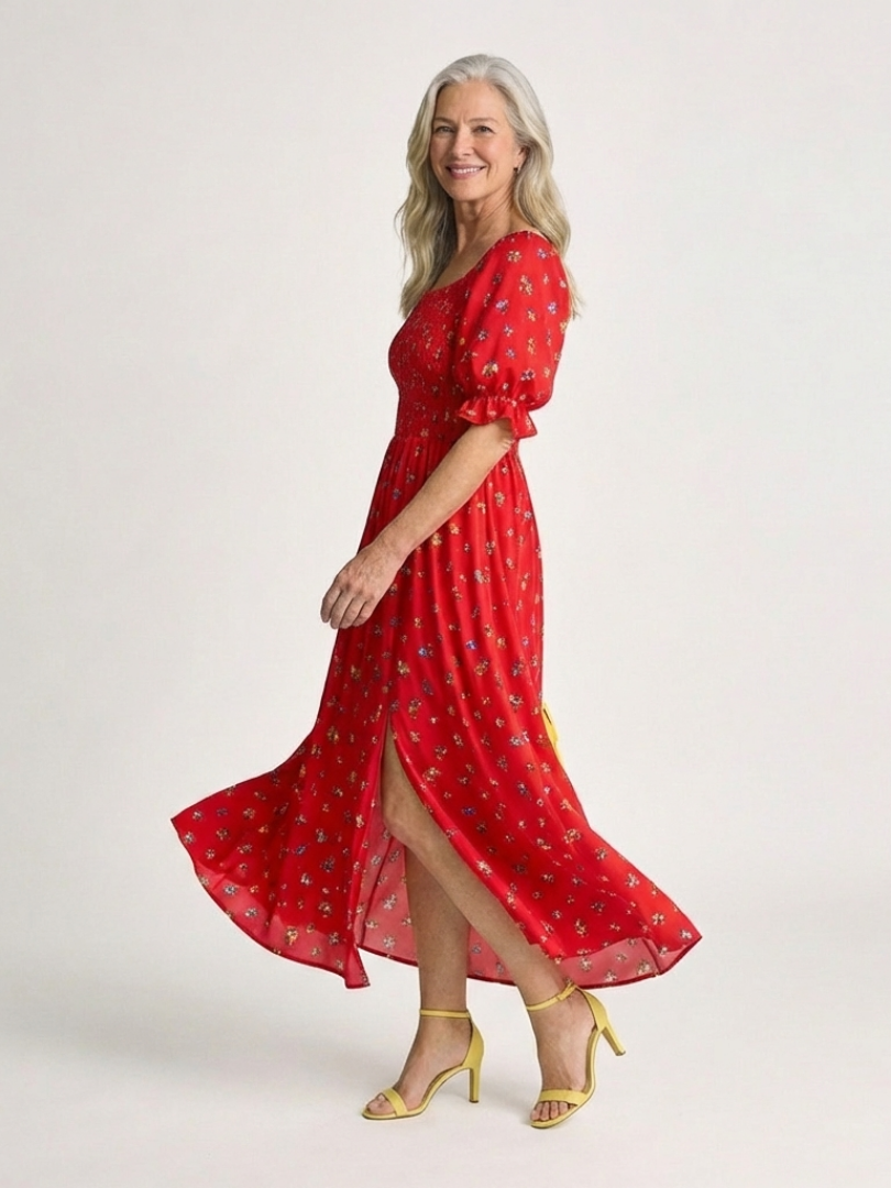 Delphine | Robe Midi à Encolure Carrée avec Manches Bouffantes Florales