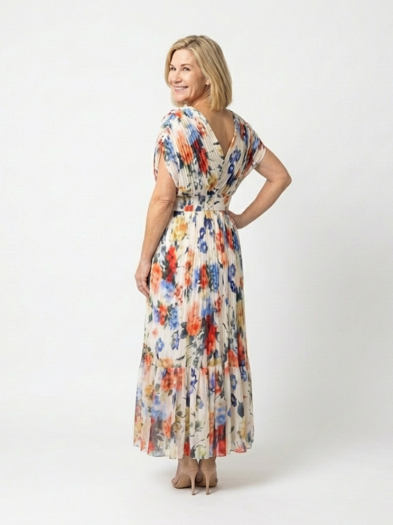 Savannah | Robe Midi Fleurie Plissée à Manches Courtes