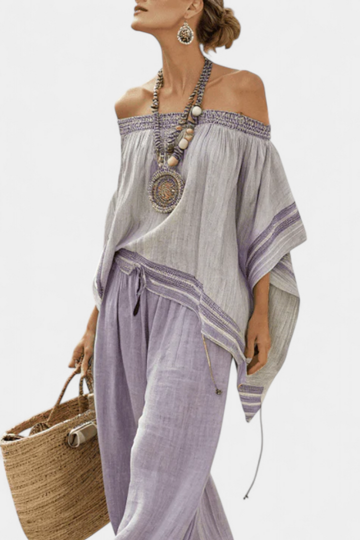Zandrel | Haut Élégant Off-Shoulder & Pantalon Rayé à Jambes Larges
