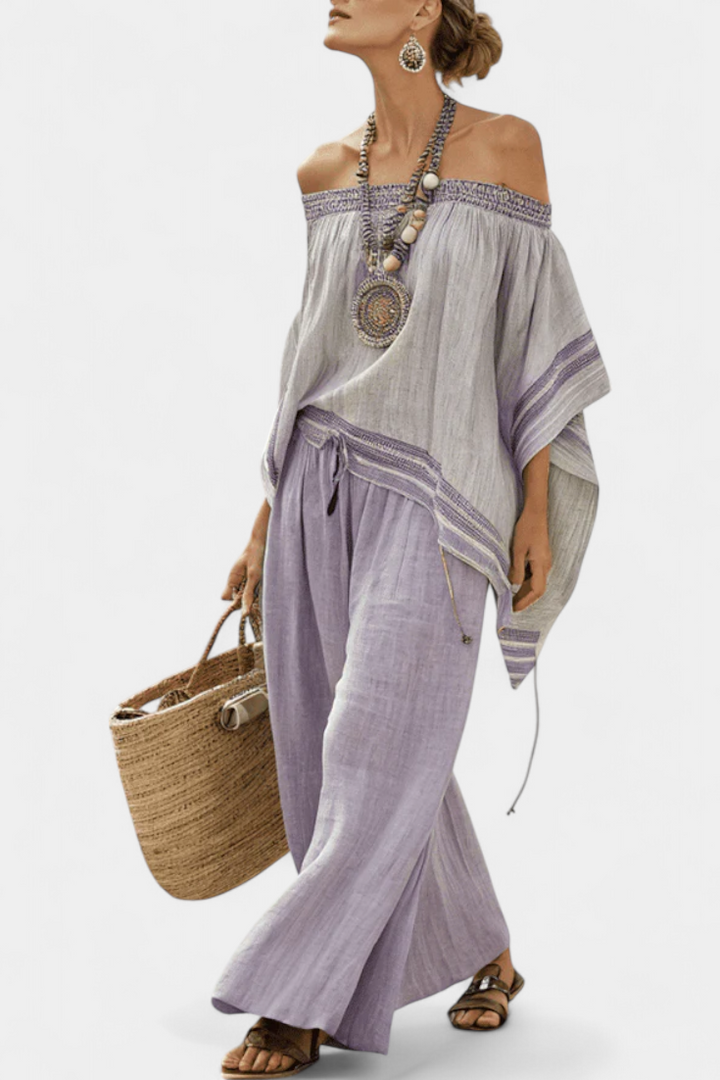 Zandrel | Haut Élégant Off-Shoulder & Pantalon Rayé à Jambes Larges