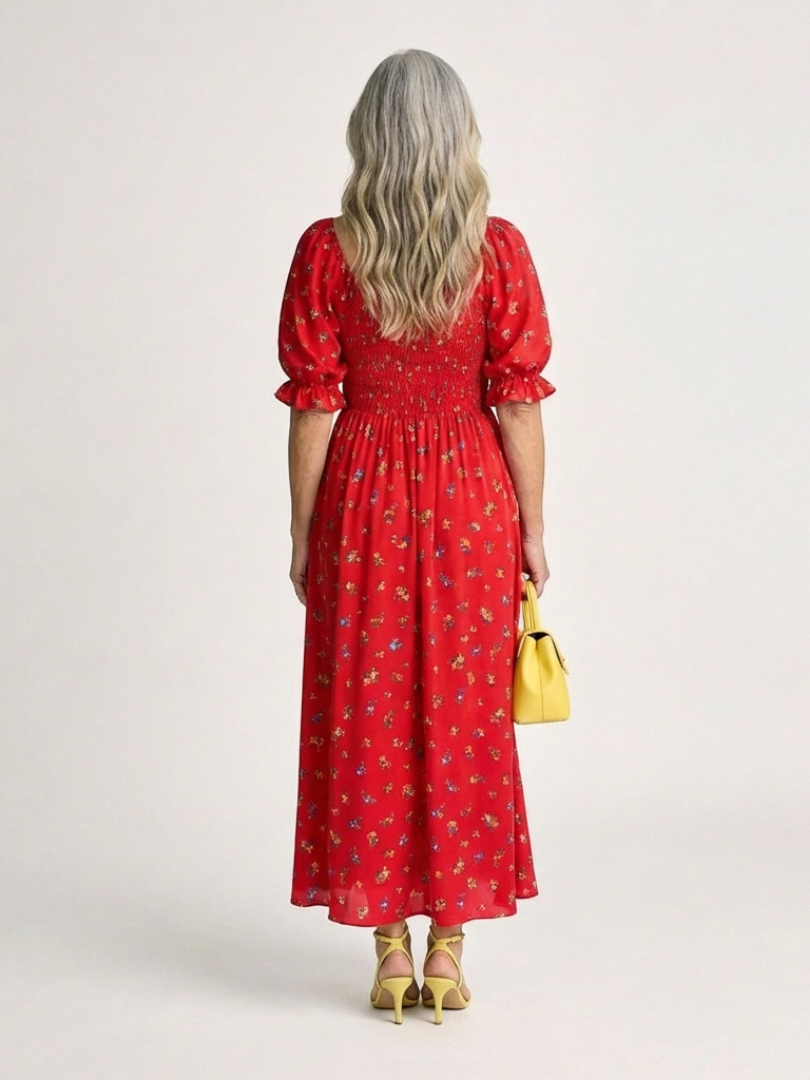 Delphine | Robe Midi à Encolure Carrée avec Manches Bouffantes Florales