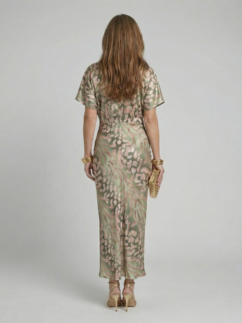 Coralie | Robe Midi à Imprimé Abstrait avec Décolleté en V et Taille Torsadée