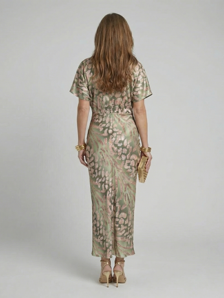 Coralie | Robe Midi à Imprimé Abstrait avec Décolleté en V et Taille Torsadée