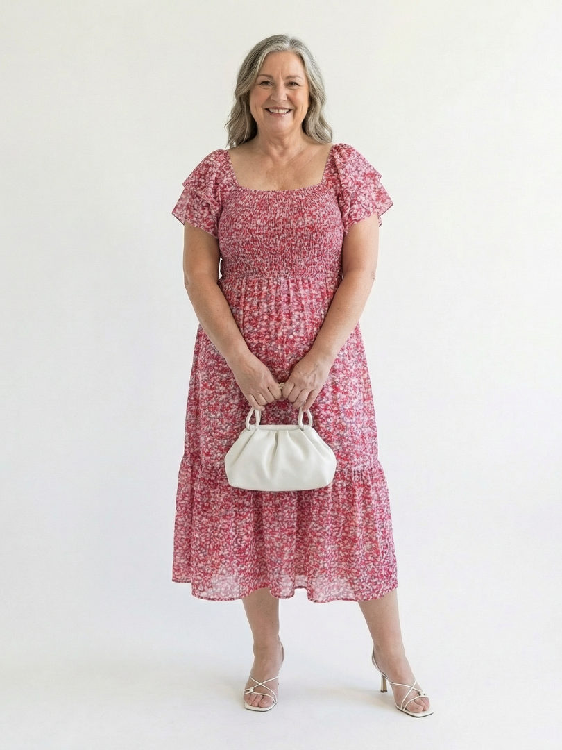 Odette | Robe Midi Smockée à Fleurs à Épaules Dégagées