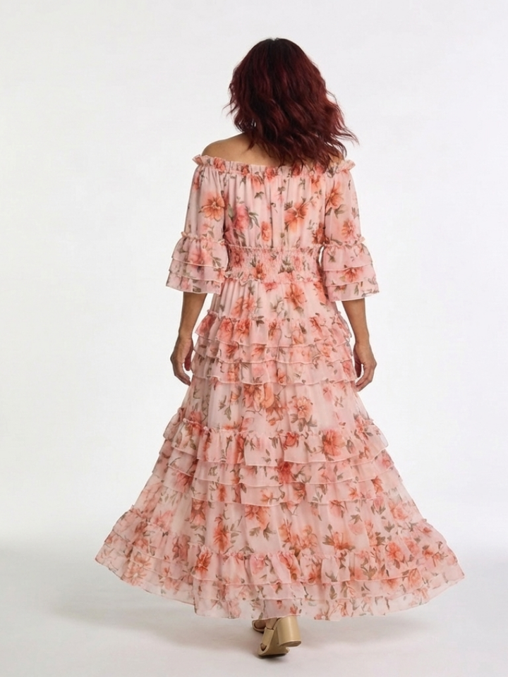 Rosalie | Robe Maxi à Volants Fleurie à Épaules Dégagées