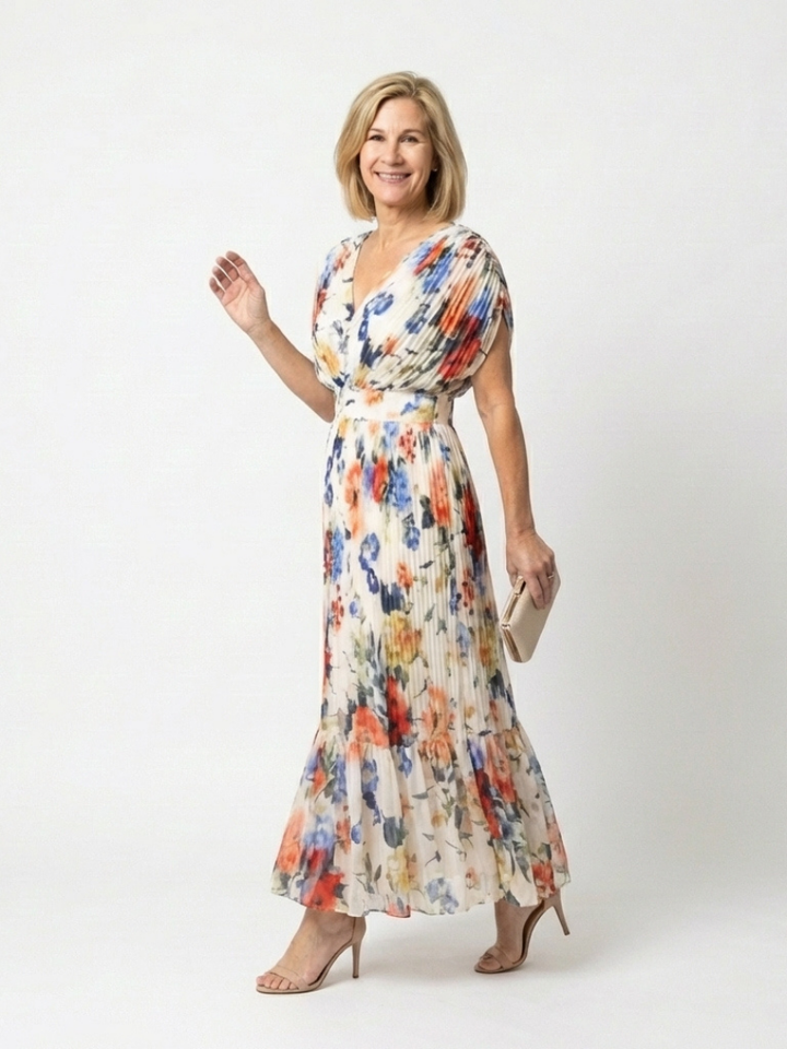 Savannah | Robe Midi Fleurie Plissée à Manches Courtes