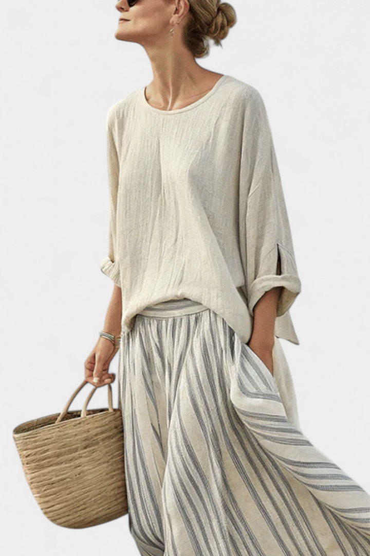 Aurcyn | Blouse Ample Confortable & Jupe Midi Rayée