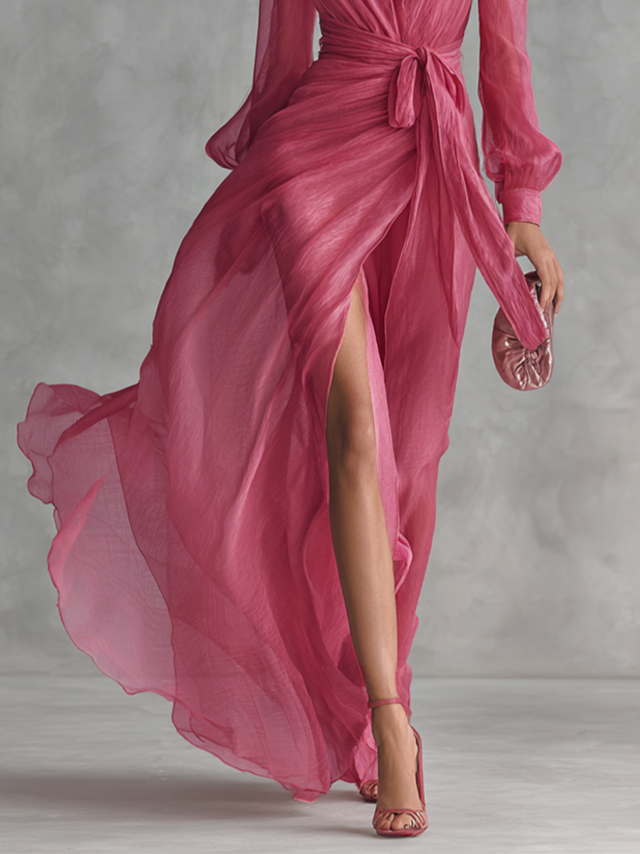 Robe longue élégante en chiffon rose perle avec décolleté en V et ceinture à la taille