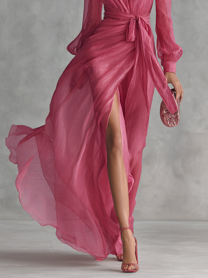Robe longue élégante en chiffon rose perle avec décolleté en V et ceinture à la taille