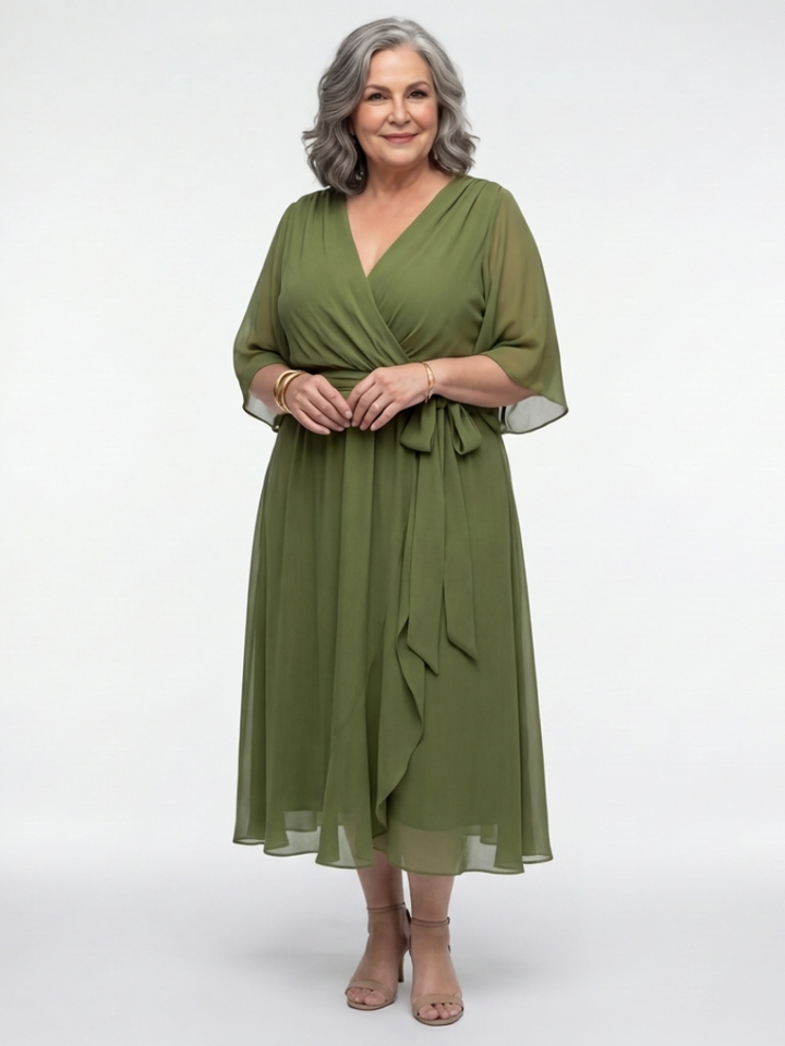 Elysia | Robe Midi Drapée à Taille Liée en V