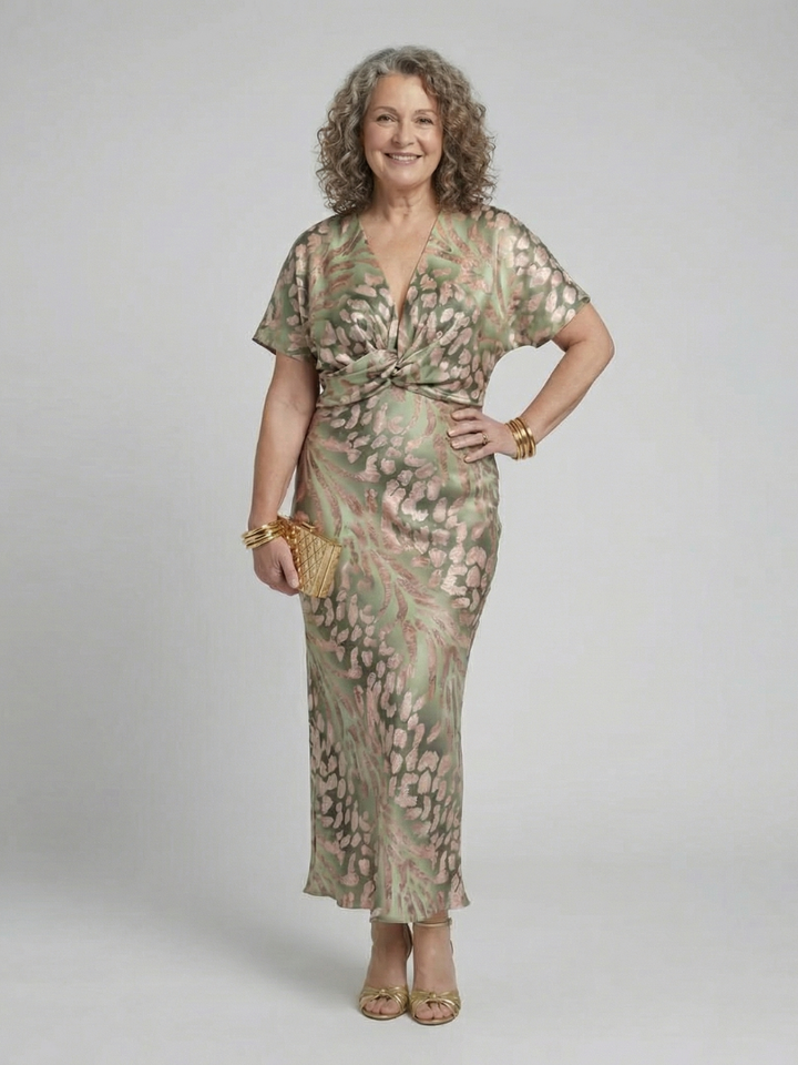 Coralie | Robe Midi à Imprimé Abstrait avec Décolleté en V et Taille Torsadée