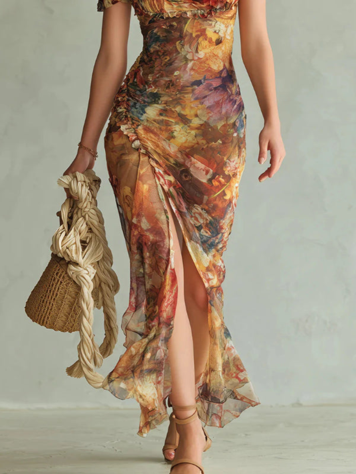 Robe Maxi Élégante avec Décolleté Carré, Manches Courtes et Rayures Florales