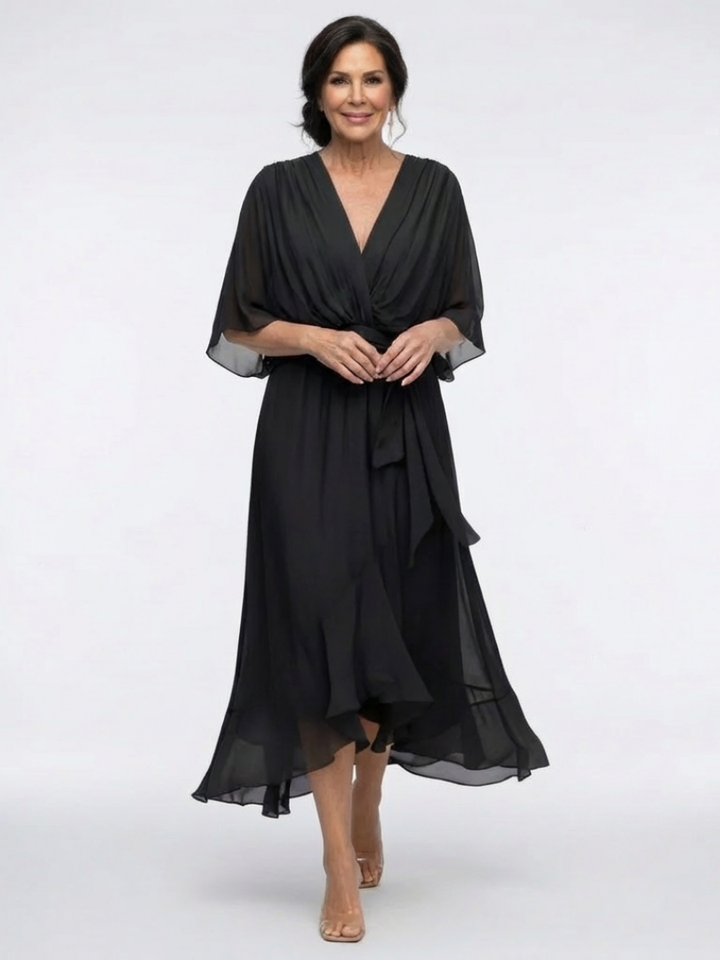 Elysia | Robe Midi Drapée à Taille Liée en V