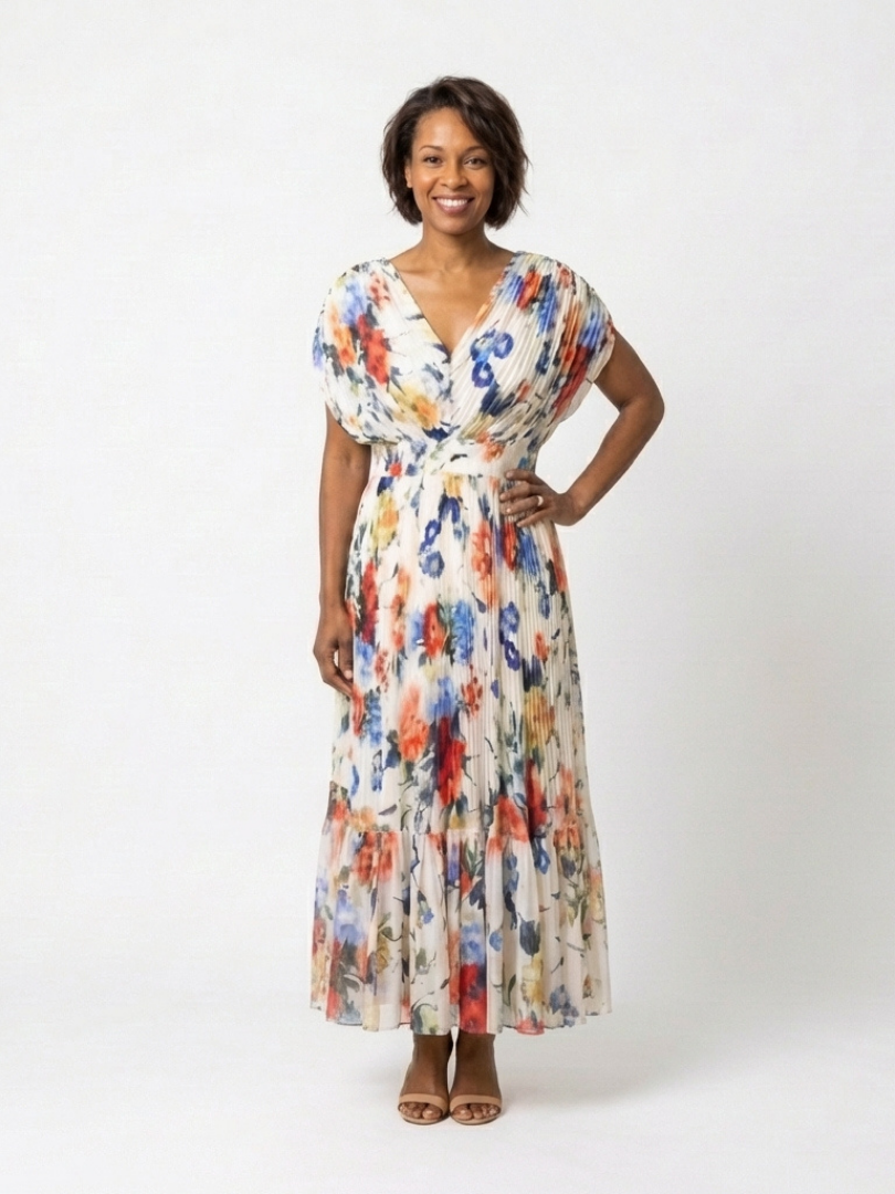 Savannah | Robe Midi Fleurie Plissée à Manches Courtes