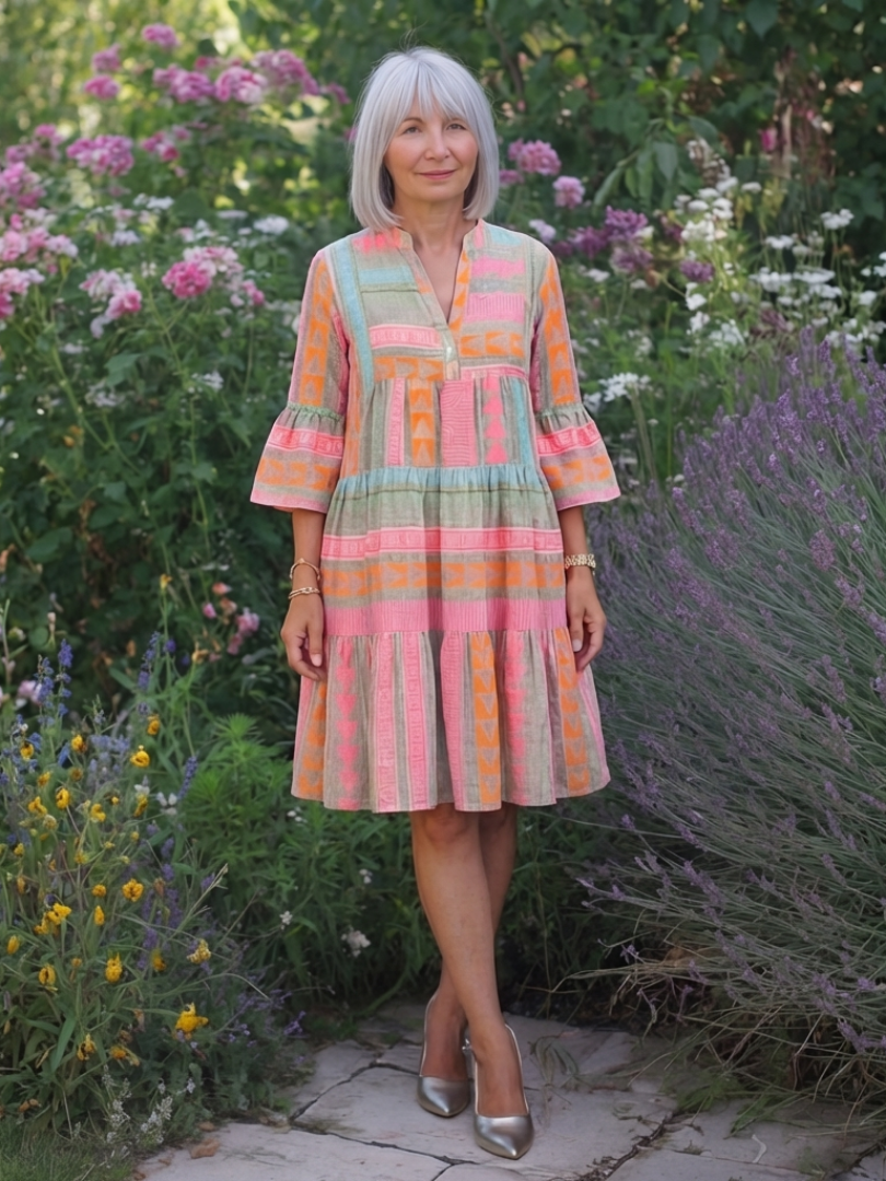 Maelle | Robe à Imprimé Géométrique à Col V, Longueur Genou