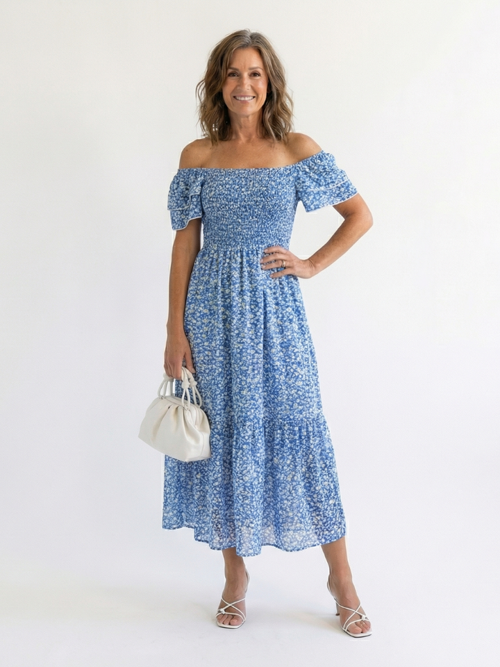 Odette | Robe Midi Smockée à Fleurs à Épaules Dégagées