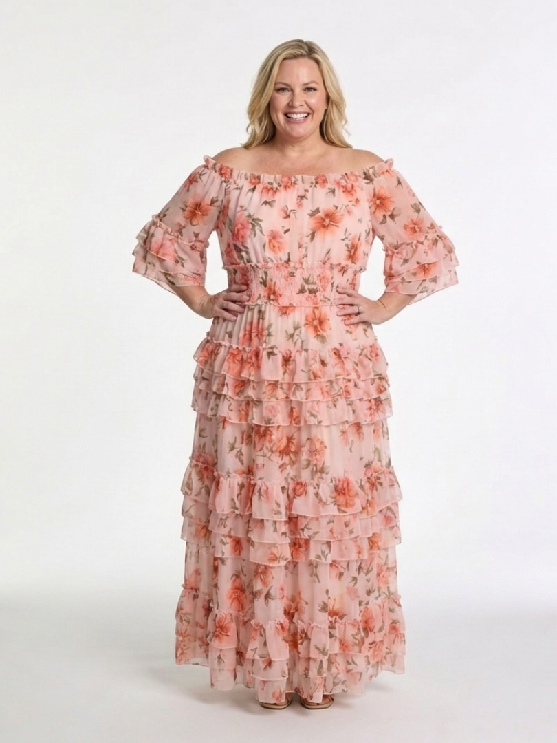 Rosalie | Robe Maxi à Volants Fleurie à Épaules Dégagées