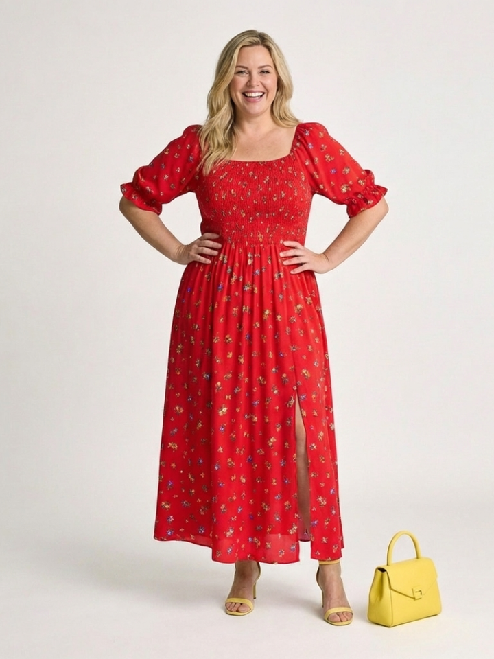 Delphine | Robe Midi à Encolure Carrée avec Manches Bouffantes Florales